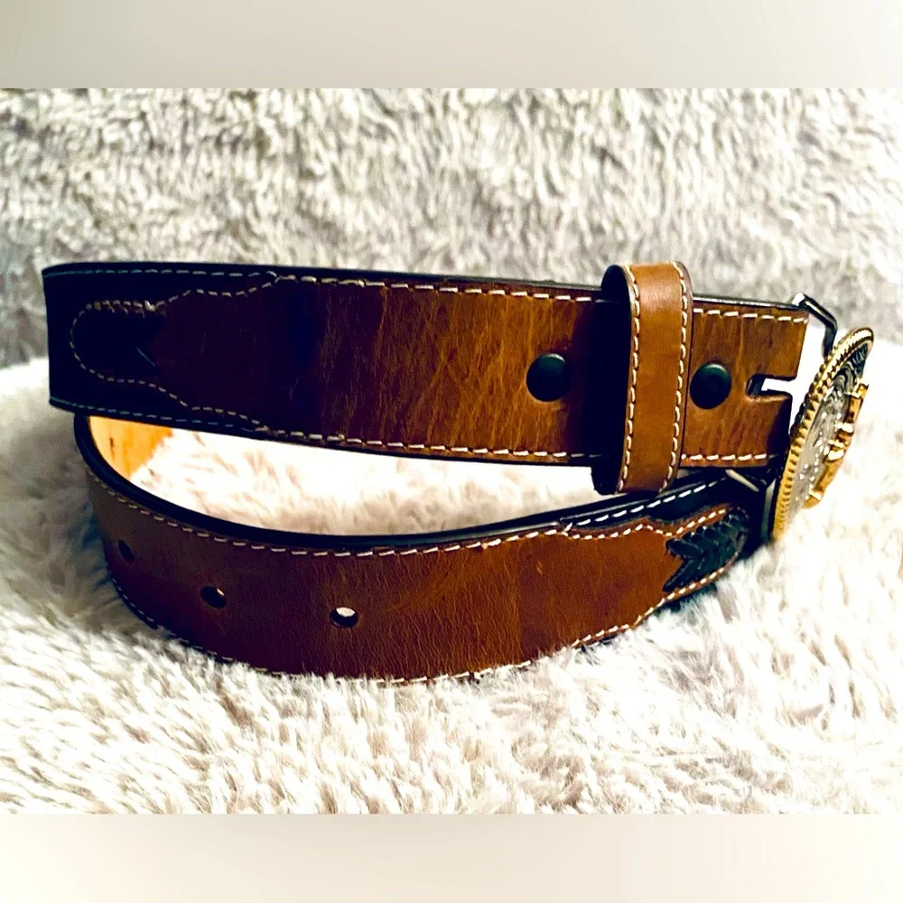 3D Kids Brown Leather Belt with Silver and Gold Buckle 2 Concho embellishments